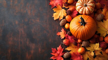 Frame of autumn Thanksgiving Day concept with warm cozy items, autumn leaves, pumpkins, pinecones on flat light background  