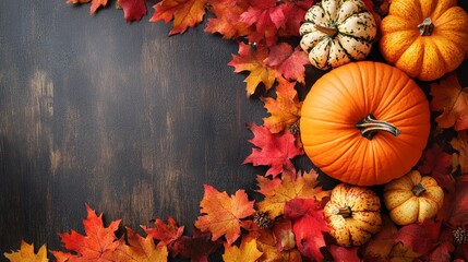 Frame of autumn Thanksgiving Day concept with warm cozy items, autumn leaves, pumpkins, pinecones on flat light background  