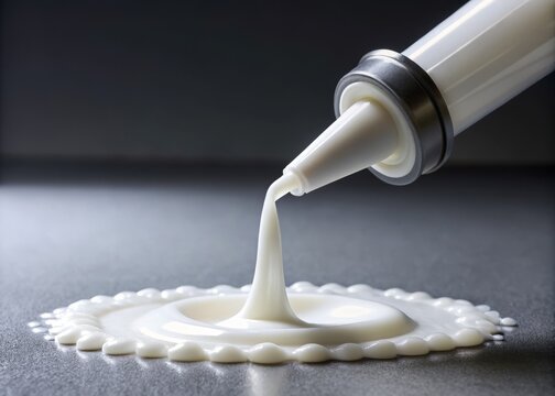 a photo image of a pure white silicone elastomer material flowing from a nozzle making contact with a solid surface