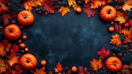 Frame of autumn Thanksgiving Day concept with warm cozy items, autumn leaves, pumpkins, pinecones on flat light background  