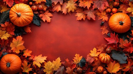 Frame of autumn Thanksgiving Day concept with warm cozy items, autumn leaves, pumpkins, pinecones on flat light background  