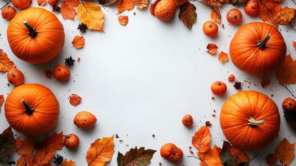 Frame of autumn Thanksgiving Day concept with warm cozy items, autumn leaves, pumpkins, pinecones on flat light background  