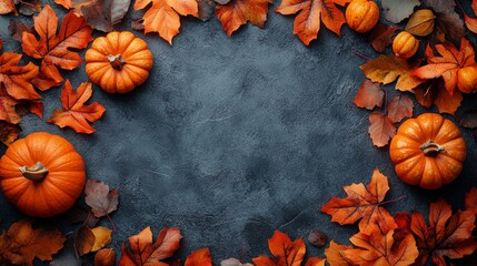 Frame of autumn Thanksgiving Day concept with warm cozy items, autumn leaves, pumpkins, pinecones on flat light background  