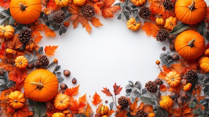 Frame of autumn Thanksgiving Day concept with warm cozy items, autumn leaves, pumpkins, pinecones on flat light background  