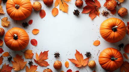 Frame of autumn Thanksgiving Day concept with warm cozy items, autumn leaves, pumpkins, pinecones on flat light background  