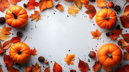 Frame of autumn Thanksgiving Day concept with warm cozy items, autumn leaves, pumpkins, pinecones on flat light background  