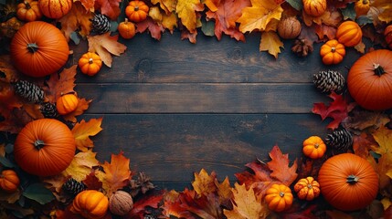 Frame of autumn Thanksgiving Day concept with warm cozy items, autumn leaves, pumpkins, pinecones on flat light background  