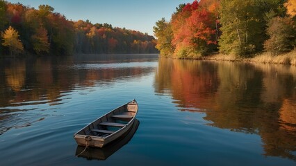 Serene Autumn Landscape with Golden Leaves and Misty Forest Path
