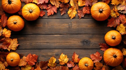 Frame of autumn Thanksgiving Day concept with warm cozy items, autumn leaves, pumpkins, pinecones on flat light background  