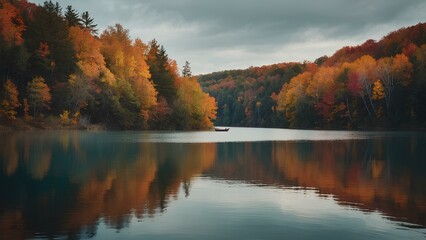 Fototapeta premium Serene Autumn Landscape with Golden Leaves and Misty Forest Path