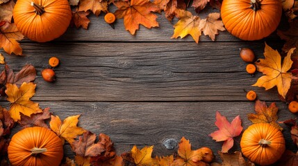 Frame of autumn Thanksgiving Day concept with warm cozy items, autumn leaves, pumpkins, pinecones on flat light background  