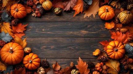 Frame of autumn Thanksgiving Day concept with warm cozy items, autumn leaves, pumpkins, pinecones on flat light background  
