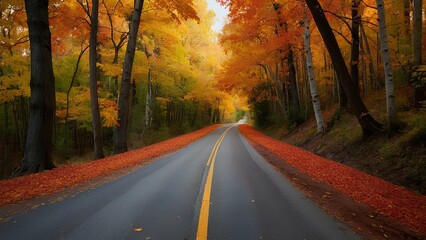 Naklejka premium Serene Autumn Landscape with Golden Leaves and Misty Forest Path