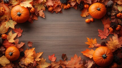 Frame of autumn Thanksgiving Day concept with warm cozy items, autumn leaves, pumpkins, pinecones on flat light background  