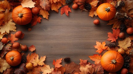 Frame of autumn Thanksgiving Day concept with warm cozy items, autumn leaves, pumpkins, pinecones on flat light background  