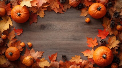Frame of autumn Thanksgiving Day concept with warm cozy items, autumn leaves, pumpkins, pinecones on flat light background  