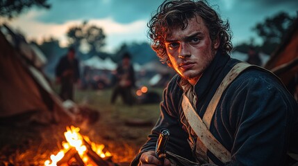 Fototapeta premium Young Continental Soldier by Campfire During War