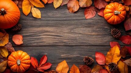 Frame of autumn Thanksgiving Day concept with warm cozy items, autumn leaves, pumpkins, pinecones on flat light background  