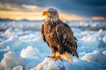 Fototapeta premium Photo image of a piercing gaze of a majestic arctic eagle perched on a frozen tundra, its feathers fluffed against the biting wind.