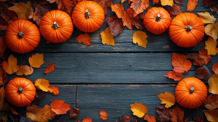 Frame of autumn Thanksgiving Day concept with warm cozy items, autumn leaves, pumpkins, pinecones on flat light background  