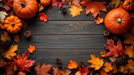 Frame of autumn Thanksgiving Day concept with warm cozy items, autumn leaves, pumpkins, pinecones on flat light background  