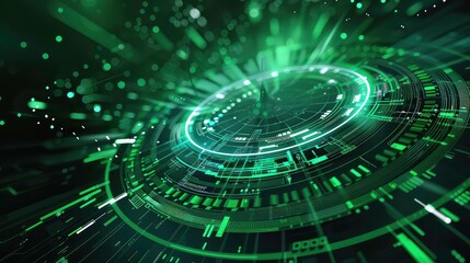 A futuristic, circular interface with glowing green lines and patterns against a black background, suggesting a digital or technological theme.