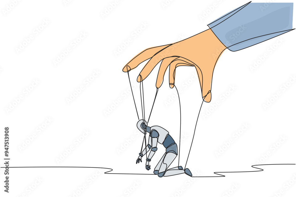 Poster single continuous line drawing robot kneel, entire body bound by ropes controlled by giant hands. de