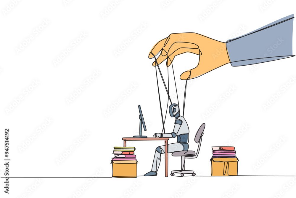 Poster single continuous line drawing robot typing on a laptop, hand moved by rope controlled by a giant ha