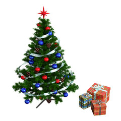 Christmas tree with decorations, isolate on a transparent background, 3d illustration, cg render
