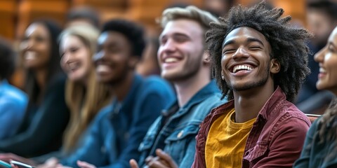 students laughing during a university lecture with a witty professor 