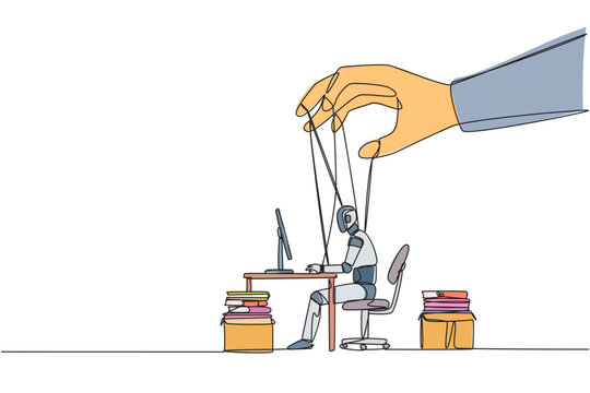 Single continuous line drawing robot typing on a laptop, hand moved by rope controlled by a giant hand. Controlling everything. Enslave robots. Future tech concept. One line design vector illustration