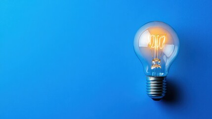 A solitary lightbulb illuminating a blue background with copy space