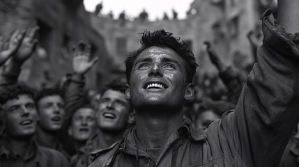 Naklejka premium Joyful Soldier Celebrates Victory Amidst War-Torn Ruins