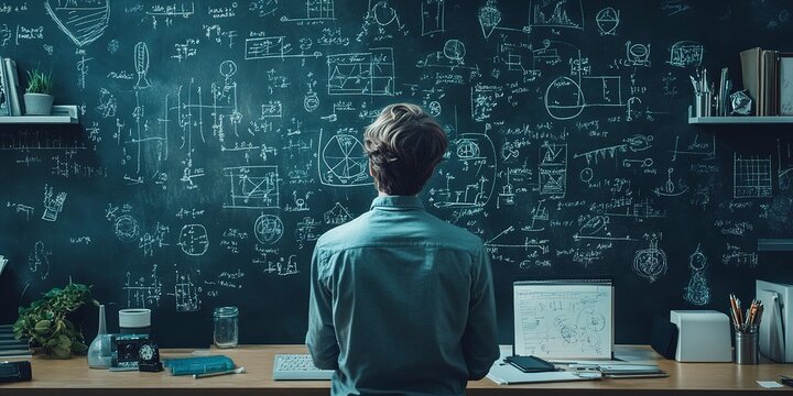 Mathematician solving complex equations on a chalkboard filled with elegant symbols and diagrams. 