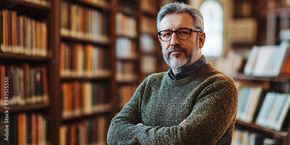 Poster Portrait of mature male professor with glasses in a public library. 