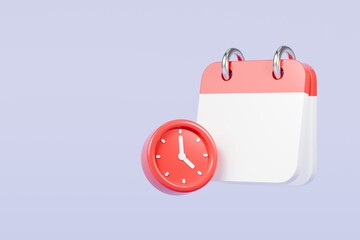 3d Red Calendar with clock icon on isolated purple background. Reminder notification or Time management concept. Website Ui design icon. Minimal 3d cartoon red calendar time zone icon. 3d render.