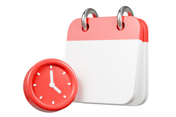 3d Red Calendar with clock icon on isolated purple background. Reminder notification or Time management concept. Website Ui design icon. Minimal 3d cartoon red calendar time zone icon. 3d render.