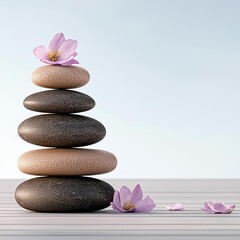 Wooden spa surroundings, hot stones and flower petals aligned, 3D illustration