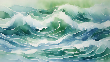Obraz premium Abstract Watercolor Painting of Ocean Waves in Green and Blue Hues