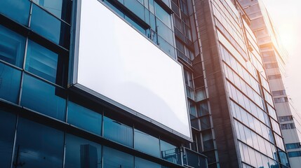A blank billboard mounted on the side of a modern glass and steel building.