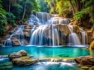 Obraz premium A tranquil waterfall tumbles over weathered tan rocks, its vibrant blue water glistening in the sunlight, as a misty veil rises to meet the air.