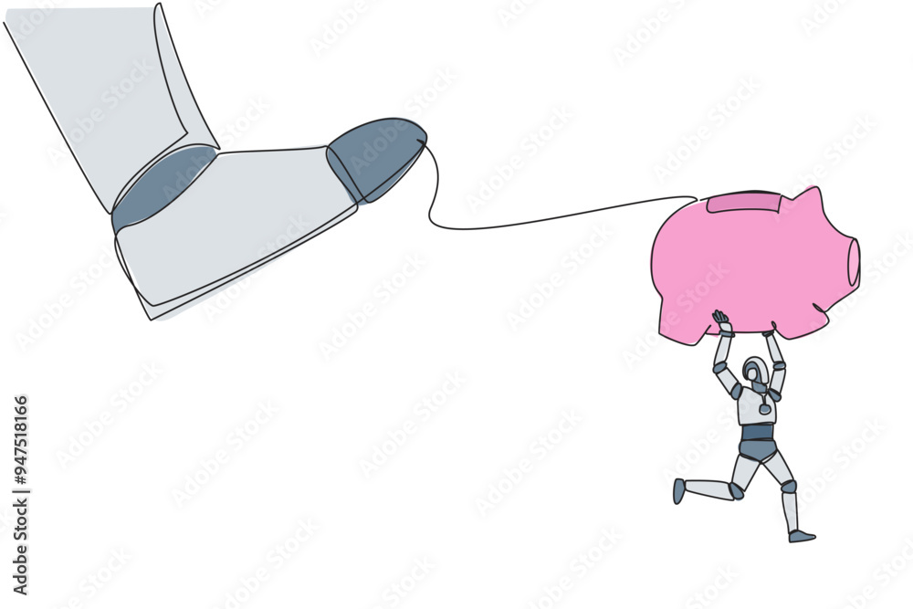 Poster continuous one line drawing smart robot carrying piggy bank runaway from giant foot. fatal programmi