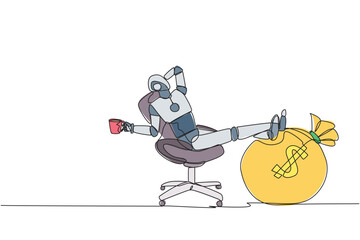 Single one line drawing smart robot sitting on a office chair holding a mug. Foot resting on money bag. Profit multiplier robot. Future technology concept. Continuous line design graphic illustration