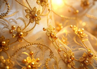 Photo image of intricate golden lace pattern with delicate filigree and transparent beading on a sheer voile background, glowing with soft morning light.