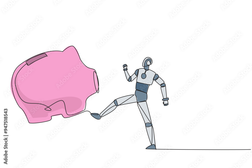 Poster single continuous line drawing smart robot kicking piggy bank. programming error. misperception. rob