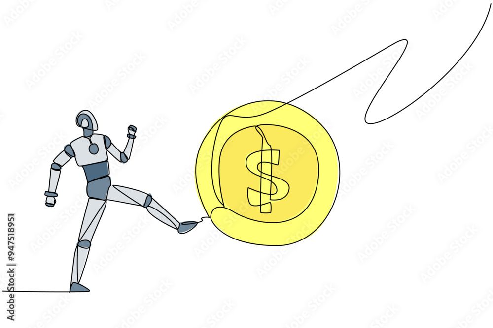 Poster single continuous line drawing robot kicking the big coin with a dollar symbol. errors in providing 