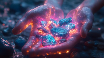 Fototapeta premium Surreal scene of cobblestones being laid by glowing, holographic hands, abstract style, holographic colors, digital art, ethereal light, floating stones
