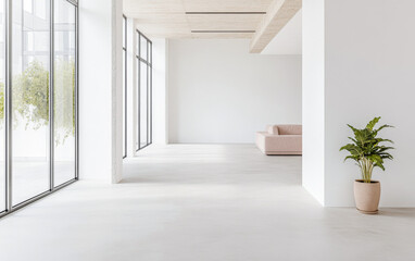 Obraz premium Empty living room in a modern property with a large window providing natural lighting and minimal furniture. Residential interior design composition in neutral colors.