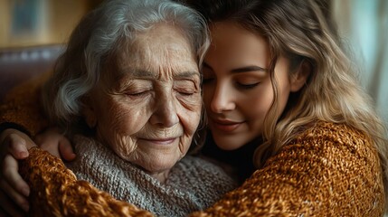 Closeup of an elderly woman being gently embraced by her daughter, the soft lighting enhancing the emotional connection and warmth