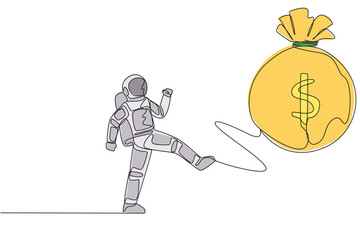 Single one line drawing young astronaut kicking money bag. Full of emotion. Kicking the money that  prepared for the landing mission on the lunar surface. Continuous line design graphic illustration